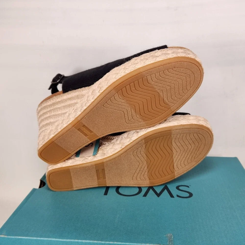 TOMS Camilla Wedge Sandals Women Size 8.5 Black Basketweave Espadrille Peep Toe